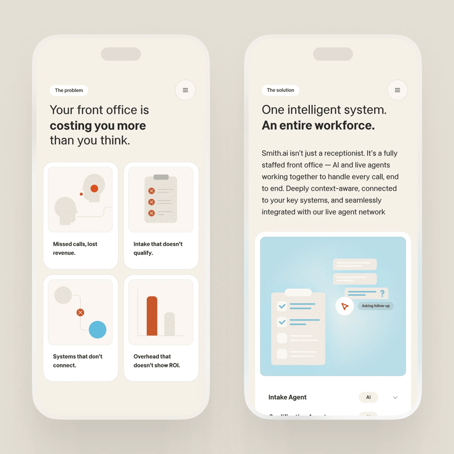 Mobile Smith.ai front-office screens showing service cards and an intelligent workflow