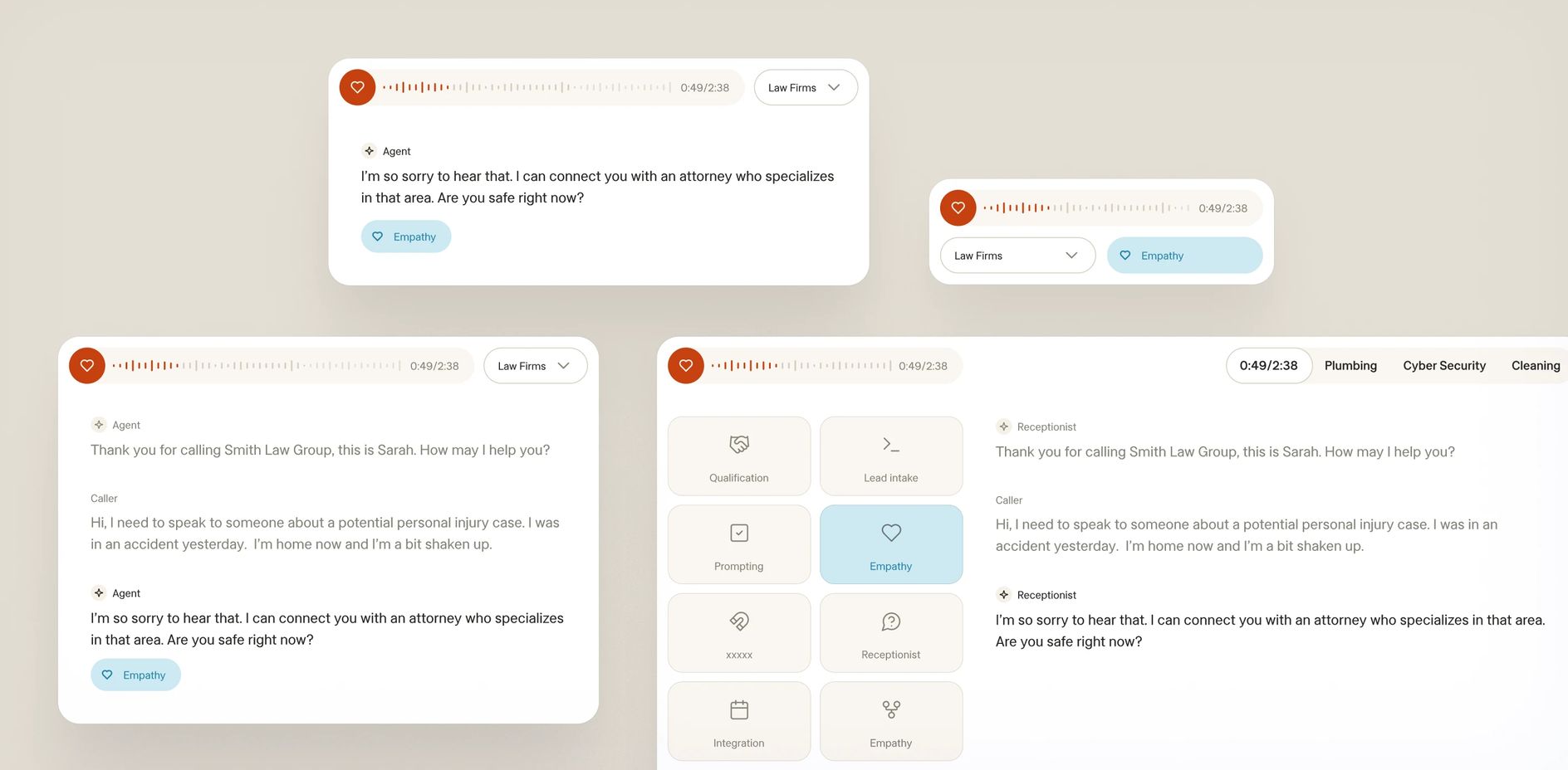 Smith.ai audio demo interface with transcript, feature tabs, and call controls