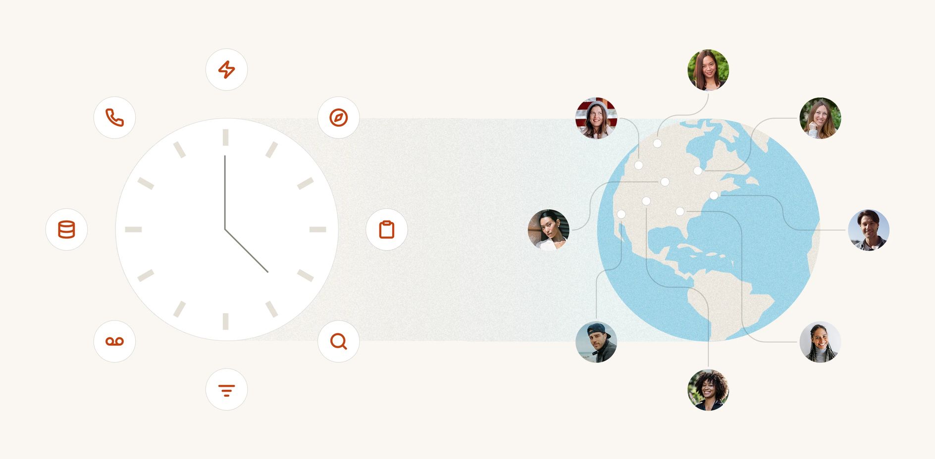 Smith.ai workflow visual showing time, global availability, and connected support agents