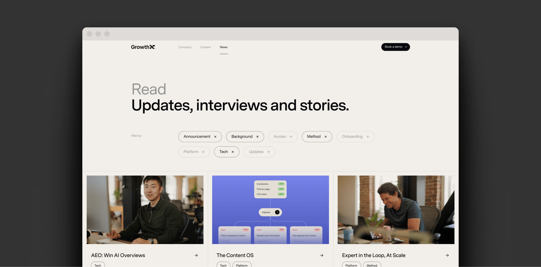 GrowthX-websiteonderdelen voor kenniscontent, navigatie en productverhaal