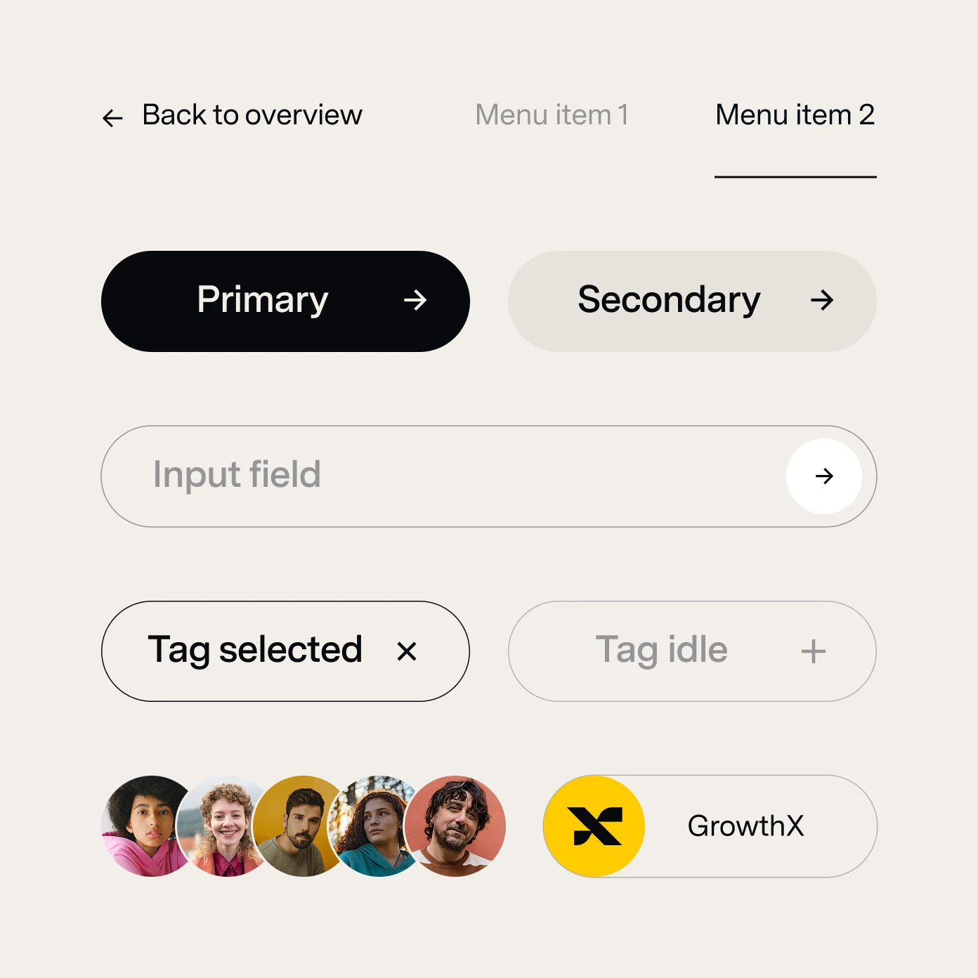 GrowthX UI components including navigation, buttons, input fields, tags, avatars, and logo badge