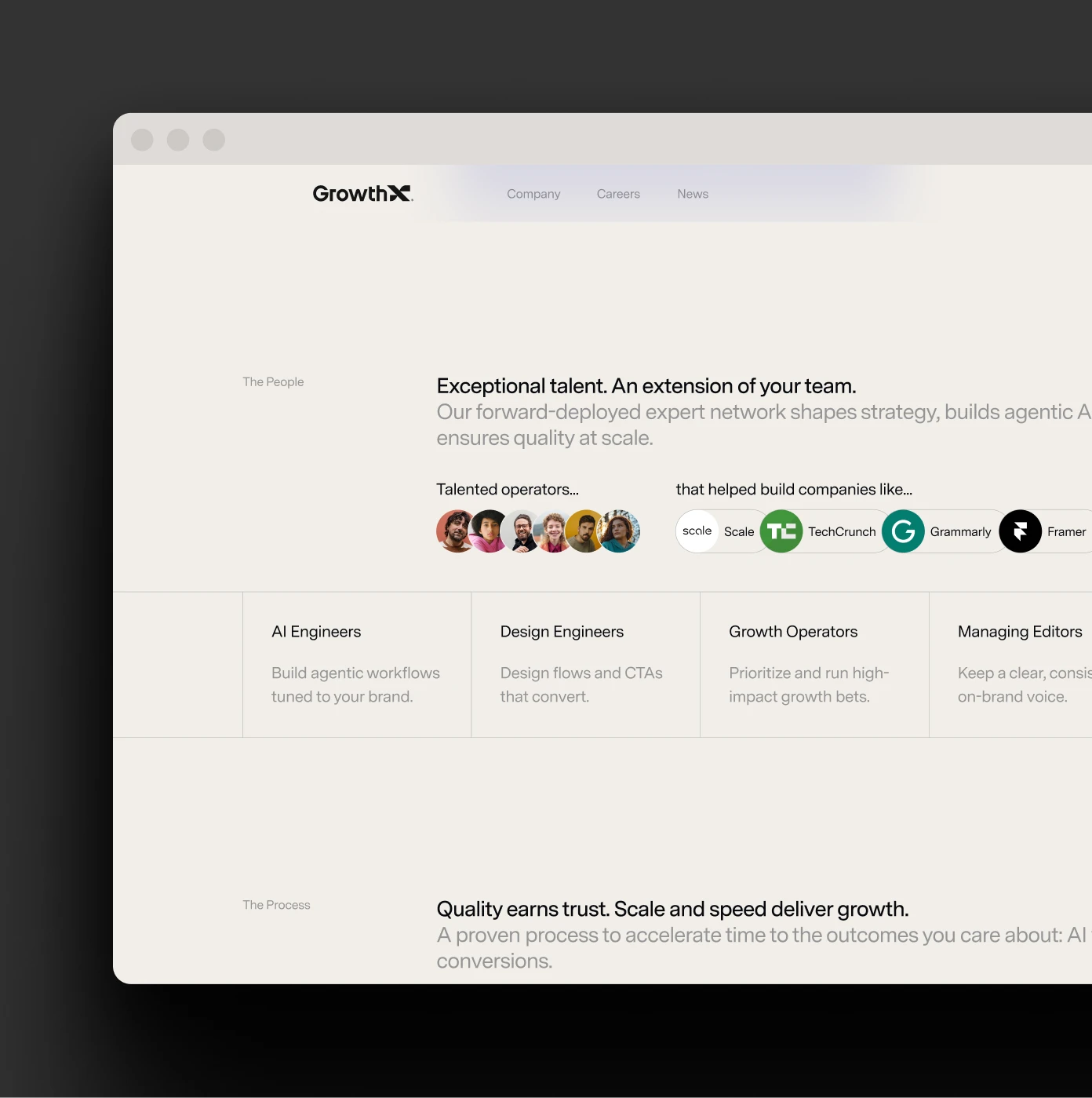 GrowthX desktop homepage direction showing a structured AI-powered growth engine