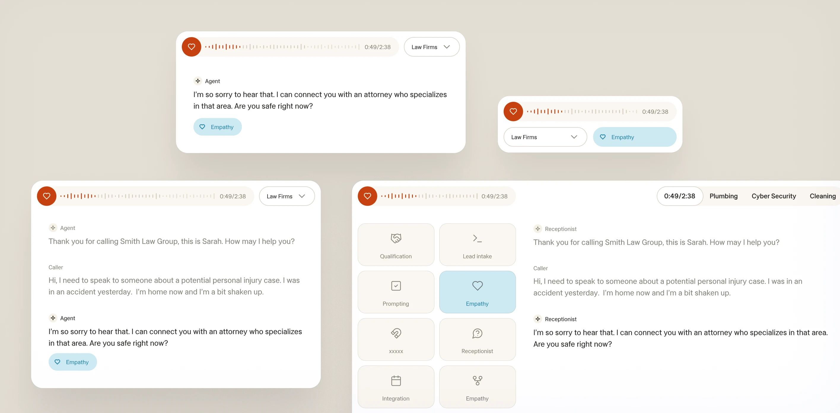 Smith.ai audio demo interface with transcript, feature tabs, and call controls