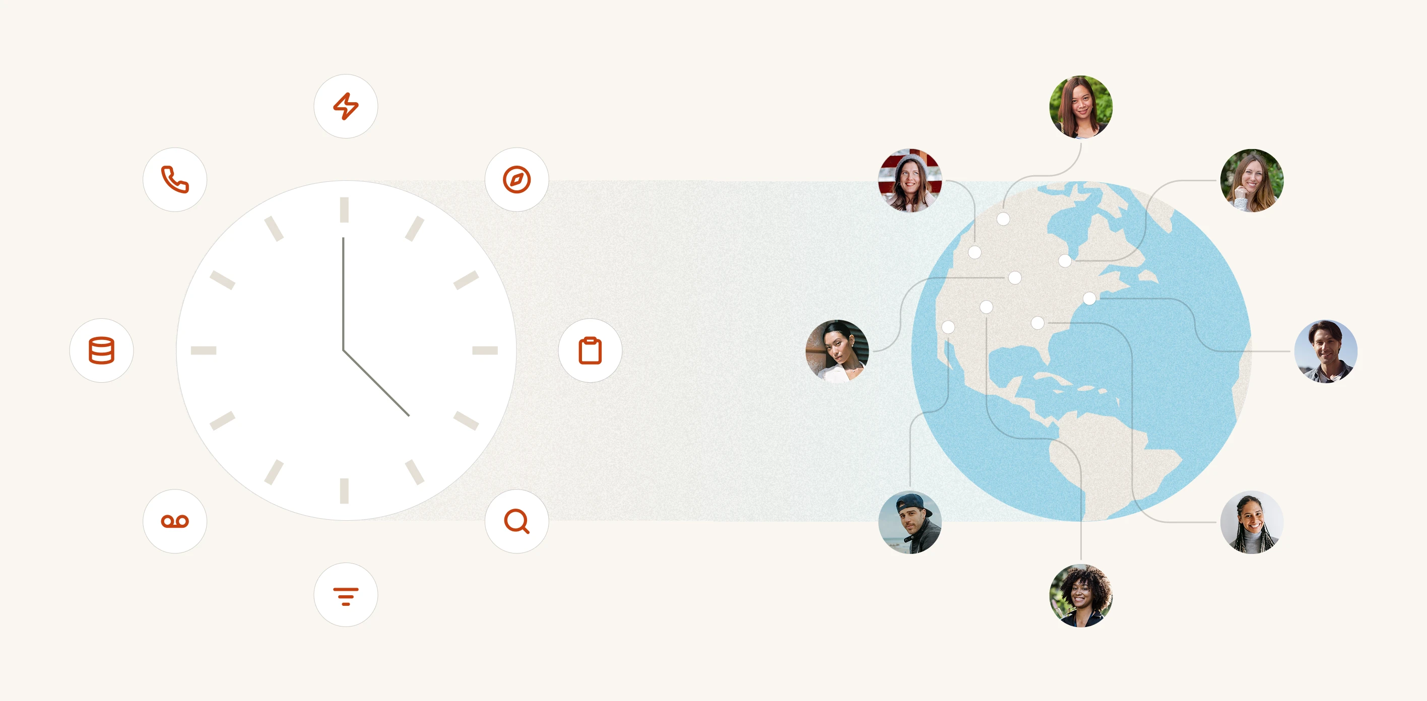 Smith.ai workflow visual showing time, global availability, and connected support agents