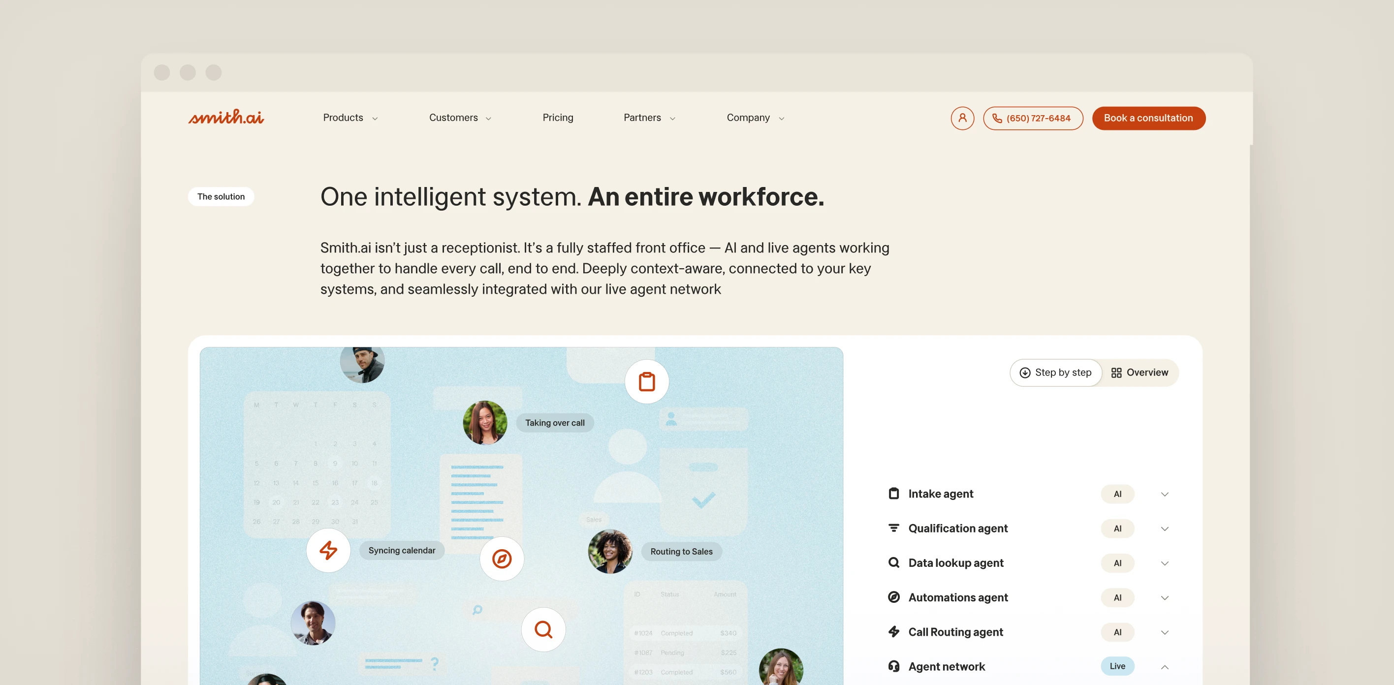 Smith.ai homepage direction showing an intelligent system for a front office