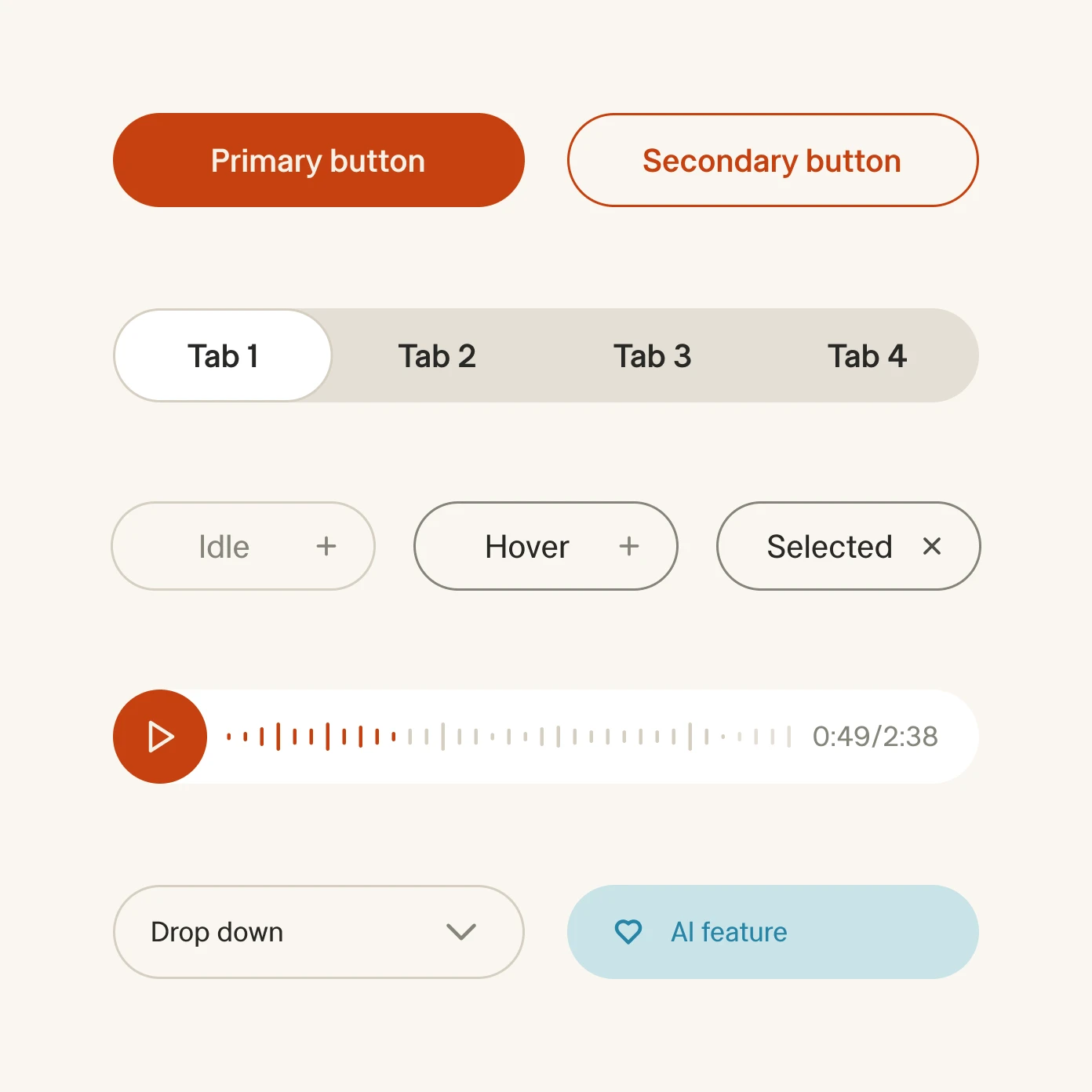 Smith.ai interface components including buttons, tabs, audio controls, dropdown, and AI feature badge