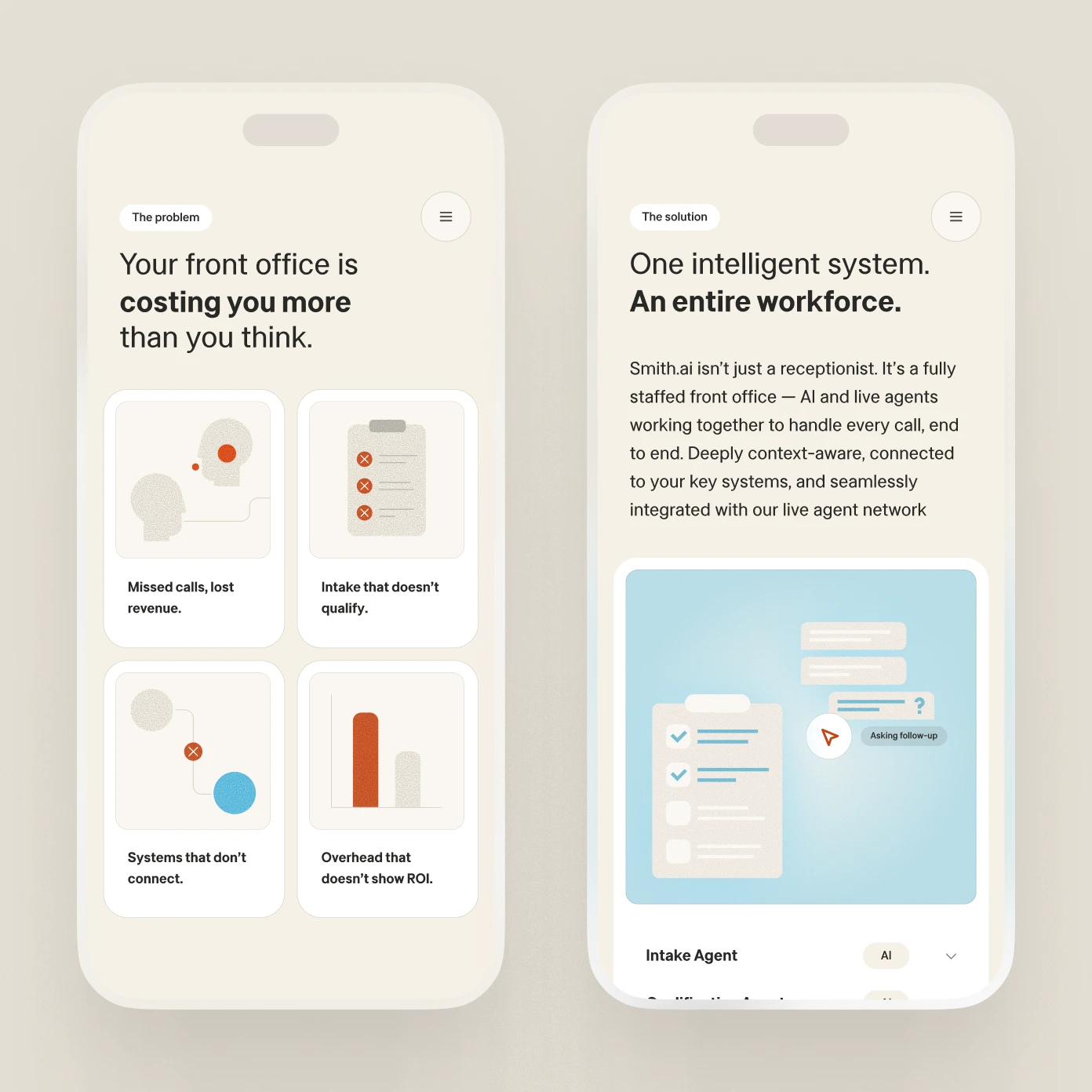Mobile Smith.ai front-office screens showing service cards and an intelligent workflow